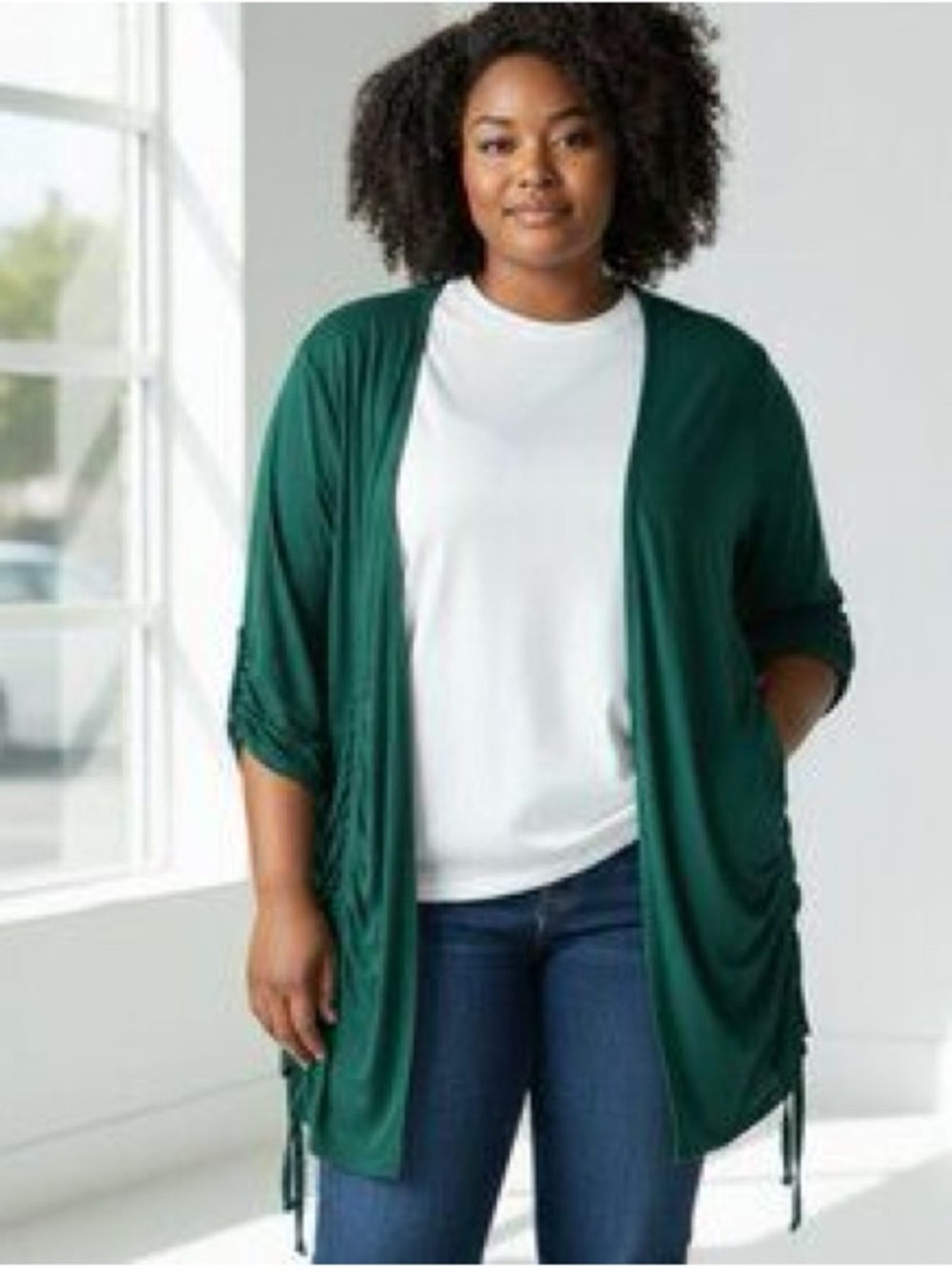Plus-Size Emerald Green Open-Front Hooded Sweater
